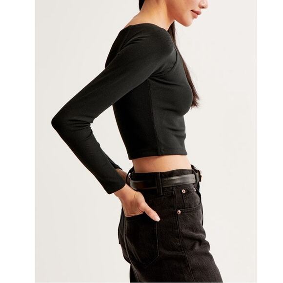 Abercrombie & Fitch Top Women's Medium Off Shoulder Cropped Long Sleeve Gray - Picture 2 of 7